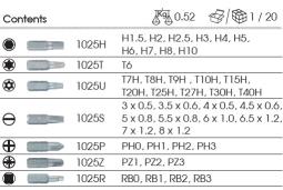 ZESTAW BITÓW 1/4" 42cz. PŁASKIE 3 - 8mm, PH0 - PH3, PZ1 - PZ3, HEX 1,5 - 10mm, TORX T6 - T40, KWADRAT R0 - R3, KASETA King Tony 1042CQ