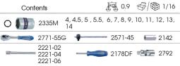 ZESTAW NASADEK 1/4"  24cz. KRÓTKIE,  6-kąt.  4 - 14mm, Z AKCESORIAMI, CHROM, KASETA Z TWORZYWA King Tony 2524MRV