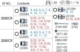 ZESTAW NASADEK 1/4" 30cz. METRYCZNYCH I CALOWYCH 6/8-kąt. 4 - 12mm, 5/32 - 1/2" Z GRZECHOTKĄ I AKCESORIAMI, KASETA King Tony 2530CR