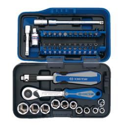 ZESTAW NARZĘDZI 1/4" 39cz. NASADKI KRÓTKIE, 6-kąt. 5 - 14mm + BITY, Z GRZECHOTKĄ I AKCESORIAMI King Tony 2539MR01-AM