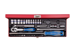 ZESTAW NARZĘDZI 1/4" 39cz. NASADKI KRÓTKIE, 6-kąt. 4 - 13mm + BITY, Z GRZECHOTKĄ I AKCESORIAMI, KASETA King Tony 2540MR