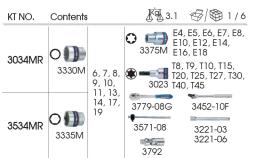 ZESTAW NARZĘDZI 3/8" 34cz. NASADKI KRÓTKIE 12-kąt. 6 - 19mm, E4 - E18, T8 - T40 Z GRZECHOTKĄ I AKCESORIAMI, KASETA King Tony 3034MR