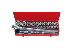 PROMOCJA-ZESTAW NASADEK 3/4" 23cz. KRÓTKIE 6-kąt. 21-50mm Z GRZECHOTKĄ I AKCESORIAMI, KASETA King Tony 6323MR