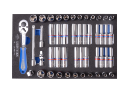 ZESTAW NASADEK 1/4" 48cz. KRÓTKIE/DŁUGIE, 6-kąt. 4 - 13mm, CALOWE 5/32"-1/2" Z AKCESORIAMI, WKŁAD Z PIANKI EVA DO WÓZKA King Tony 9-2548CRV