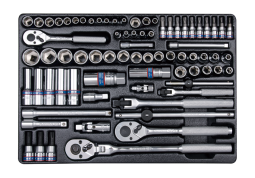 ZESTAW NASADEK 1/4" + 3/8" 75cz. KRÓTKIE / DŁUGIE / IMBUSY / GWIAZDKI, 6-kąt. 4 - 22mm Z AKCESORIAMI, WKŁAD DO WÓZKA King Tony 9-5575MR