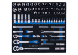 ZESTAW NASADEK 1/4" + 3/8" 75cz. KRÓTKIE/DŁUGIE, 6-kąt. 3.2 - 22mm Z AKCESORIAMI, WKŁAD Z PIANKI EVA DO WÓZKA King Tony 9-5575MRV02