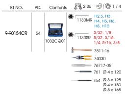 ZESTAW NARZĘDZI 54 CZ. MŁOTEK + NOŻYCE DO BLACHY + IMBUSY METRYCZNO/CALOWE + PUNKTAKI + PRZECINAK + WYBIJAK + BITY 1/4", WKŁAD D  King Tony 9-90154CR