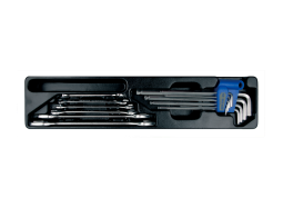 ZESTAW 15cz. - KLUCZE PŁASKIE 6cz. 6 - 24mm, IMBUSY 9 szt. 1120 HEX Z KULKĄ EKSTRA DŁUGIE 1,5 - 10mm, WKŁAD DO SKRZYNKI 87402 King Tony 9-90115MR