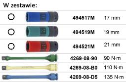 ZESTAW NASADEK UDAROWYCH 1/2" DO FELG ALUMINIOWYCH 6cz. 6-kąt. 17, 19, 21mm + PRZEDŁUŻKI Z BLOKADĄ, KASETA King Tony 44906MP