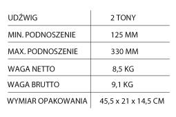 PROMOCJA - PODNOŚNIK HYDRAULICZNY 2T, ZAKRES 125 - 330mm   SchafferTechnik HCFQJD61A-2